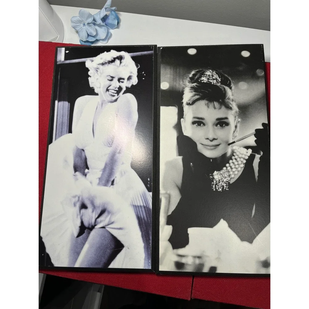 Audrey Hepburn Marilyn Monroe Wall Art Set Black White Wood Plaques 1749825